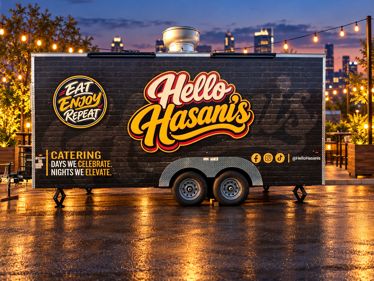 Hello Hasani’s black brick food trailer with yellow branding, shown against an enhanced evening backdrop